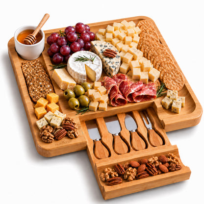 Wooden charcuterie board with assorted meats, cheeses, and fruits on a white background
