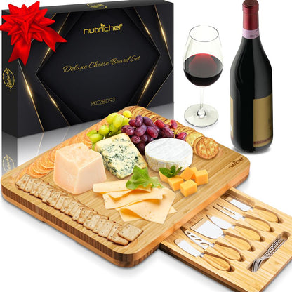 Plateau de service alimentaire en bambou et trancheuse à aliments - Ensemble de présentation de plateau à fromage 