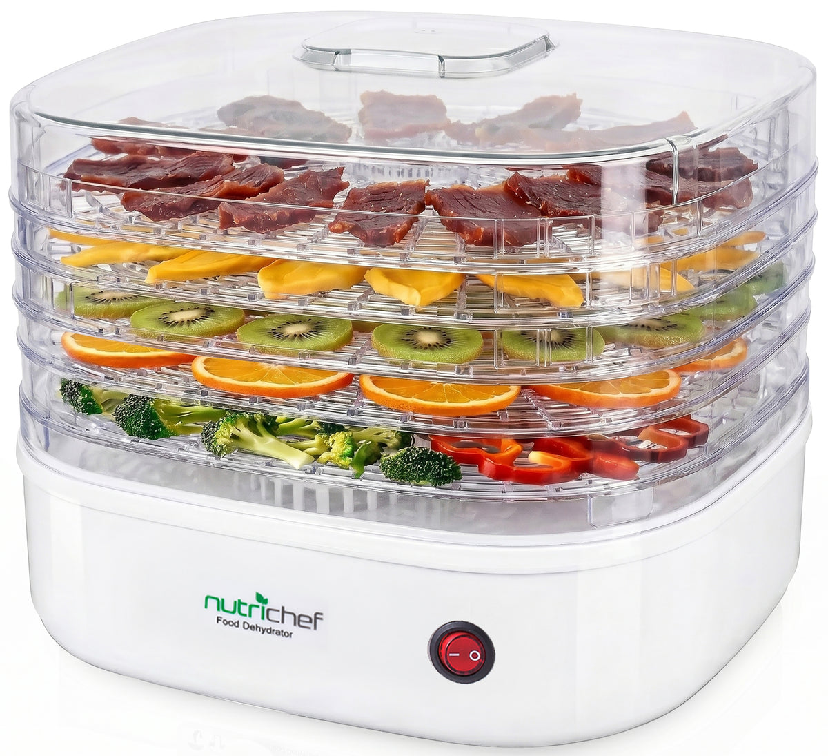 NutriChef food dehydrator with fruits, vegetables, and meats on clear trays.