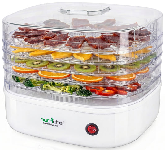 NutriChef food dehydrator with fruits, vegetables, and meats on clear trays.