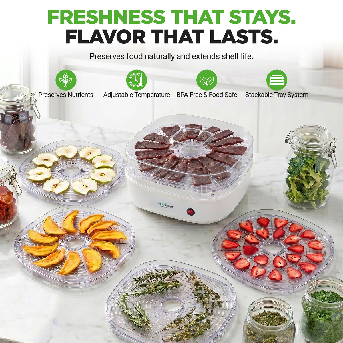 Food dehydrator with various food items on trays and jars, emphasizing freshness and shelf life.