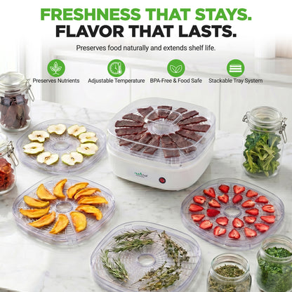 Food dehydrator with various food items on trays and jars, emphasizing freshness and shelf life.