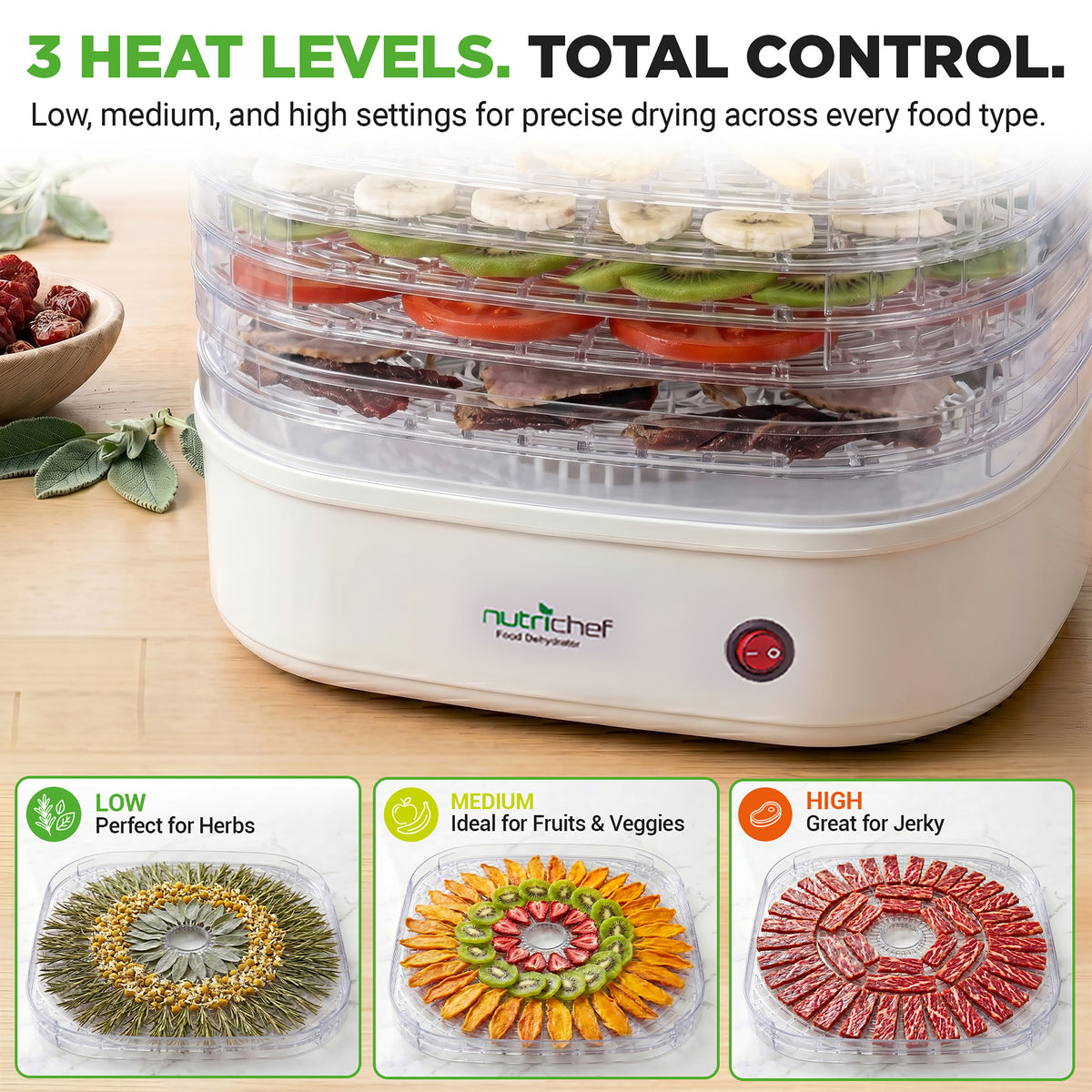 NutriChef food dehydrator with various food items on trays, showing different heat settings.