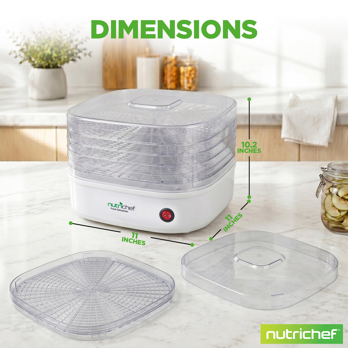 NutriChef food dehydrator with dimensions labeled on a kitchen counter