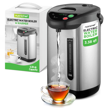NutriChef electric water boiler and warmer with a cup of tea and packaging.
