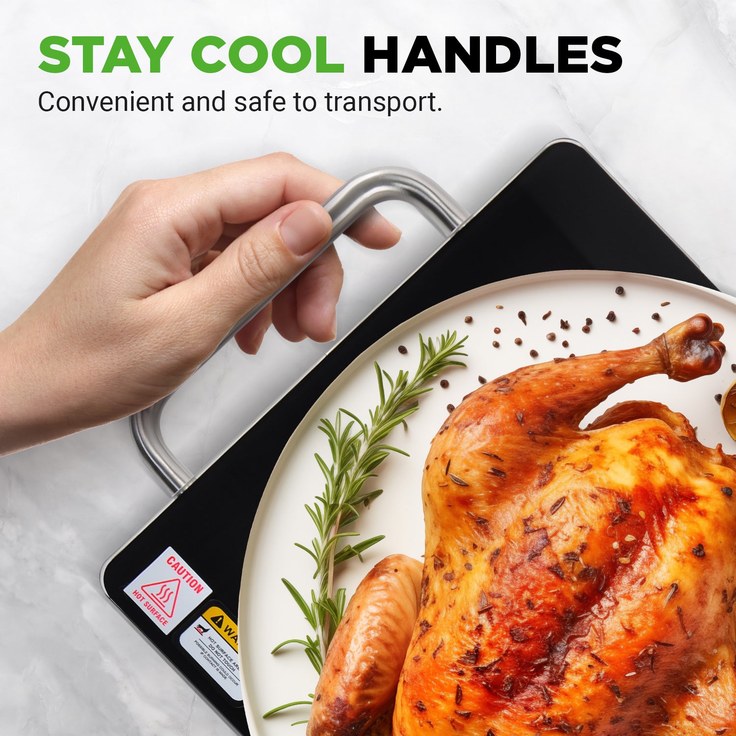 Hand holding a handle over a roasted chicken on a plate with text about 'Stay Cool Handles'.