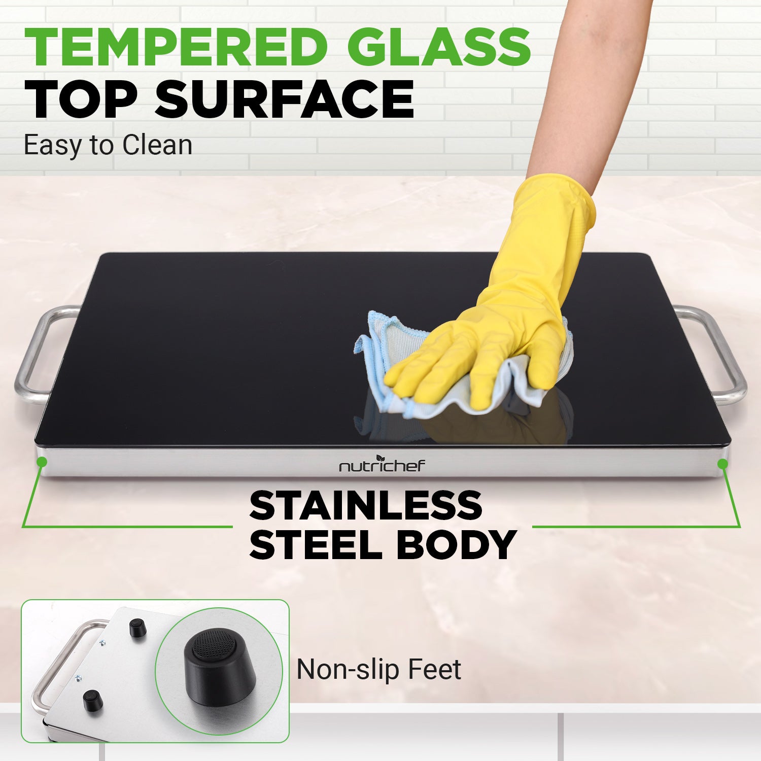 Person cleaning a black cooktop with text highlighting features like tempered glass top surface, stainless steel body, and non-slip feet.