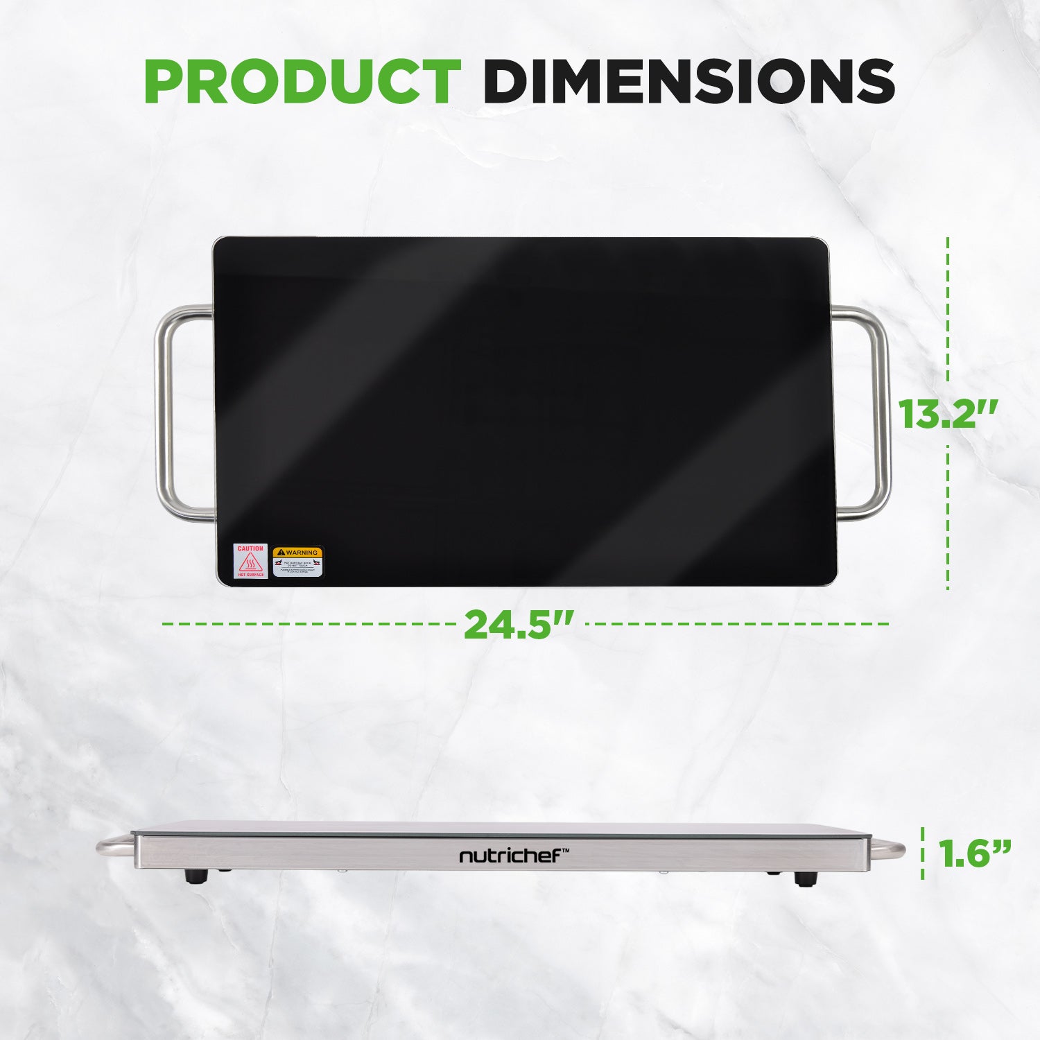 Product dimensions of a rectangular cooking surface with NutriChef branding on a white background.