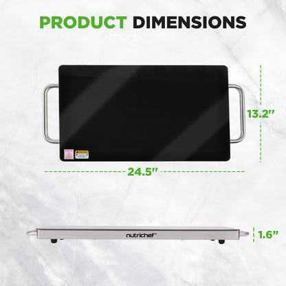Product dimensions of a rectangular cooking surface with NutriChef branding on a white background.