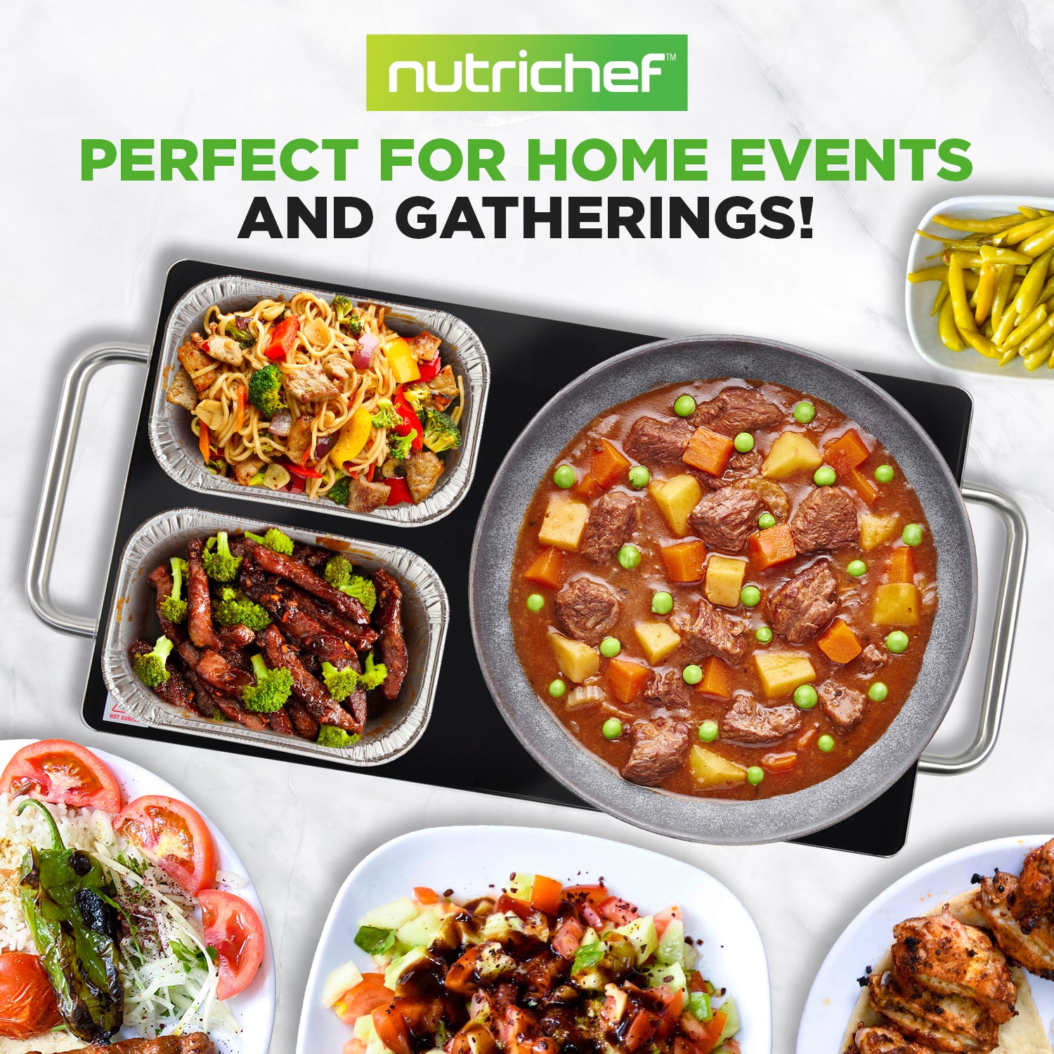 Nutrichef food preparation setup with various dishes on a white background