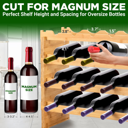 Wooden wine rack with measurement details for magnum size bottles, showing a hand placing a bottle on the rack.