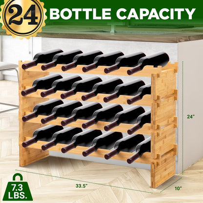 Étagère à vin empilable en bambou à 4 niveaux pour 24 bouteilles, étagères modulaires stables (naturel) 