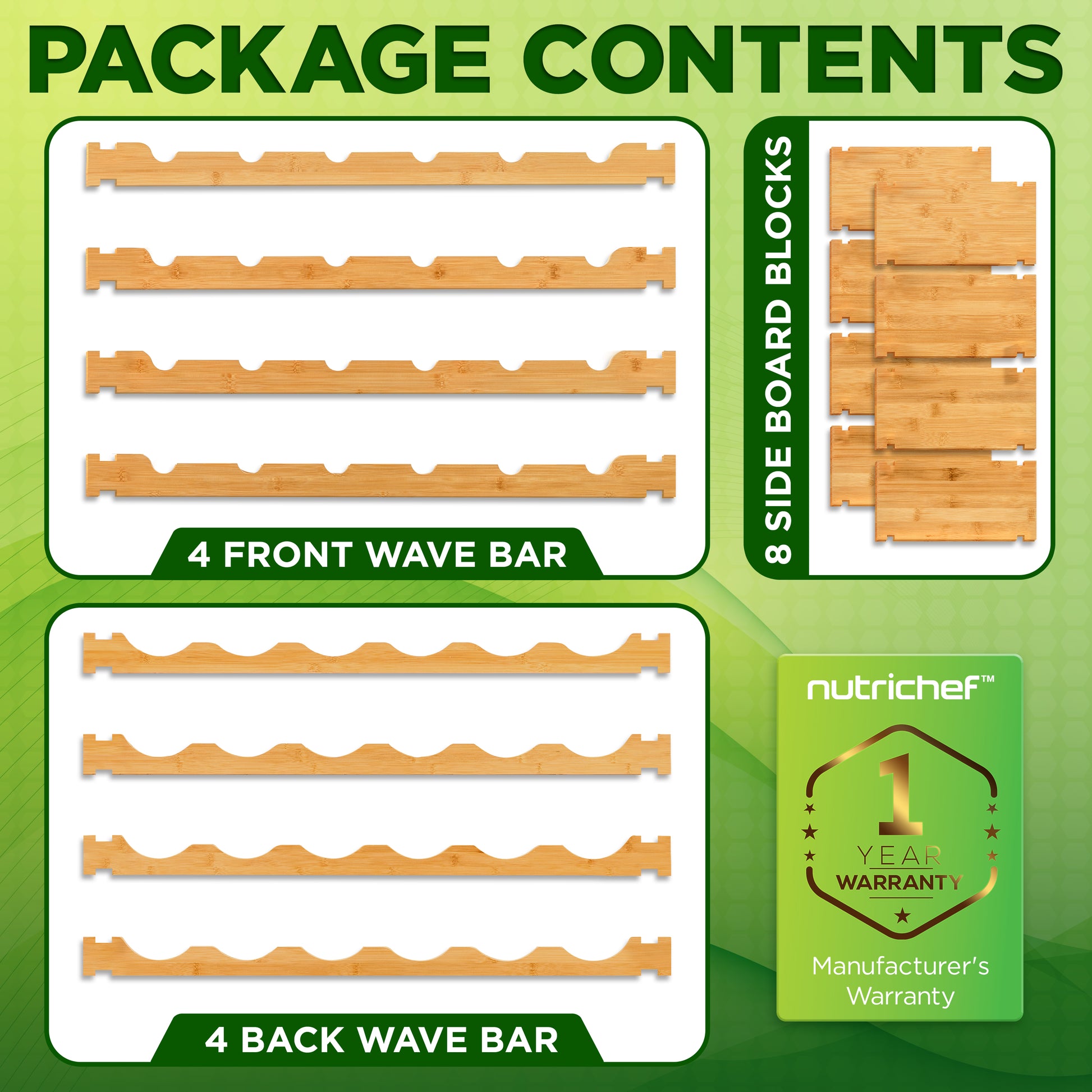 Product packaging with wave bars and side board blocks on a green background
