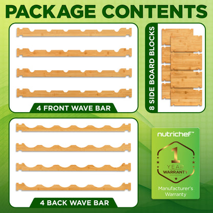 Product packaging with wave bars and side board blocks on a green background