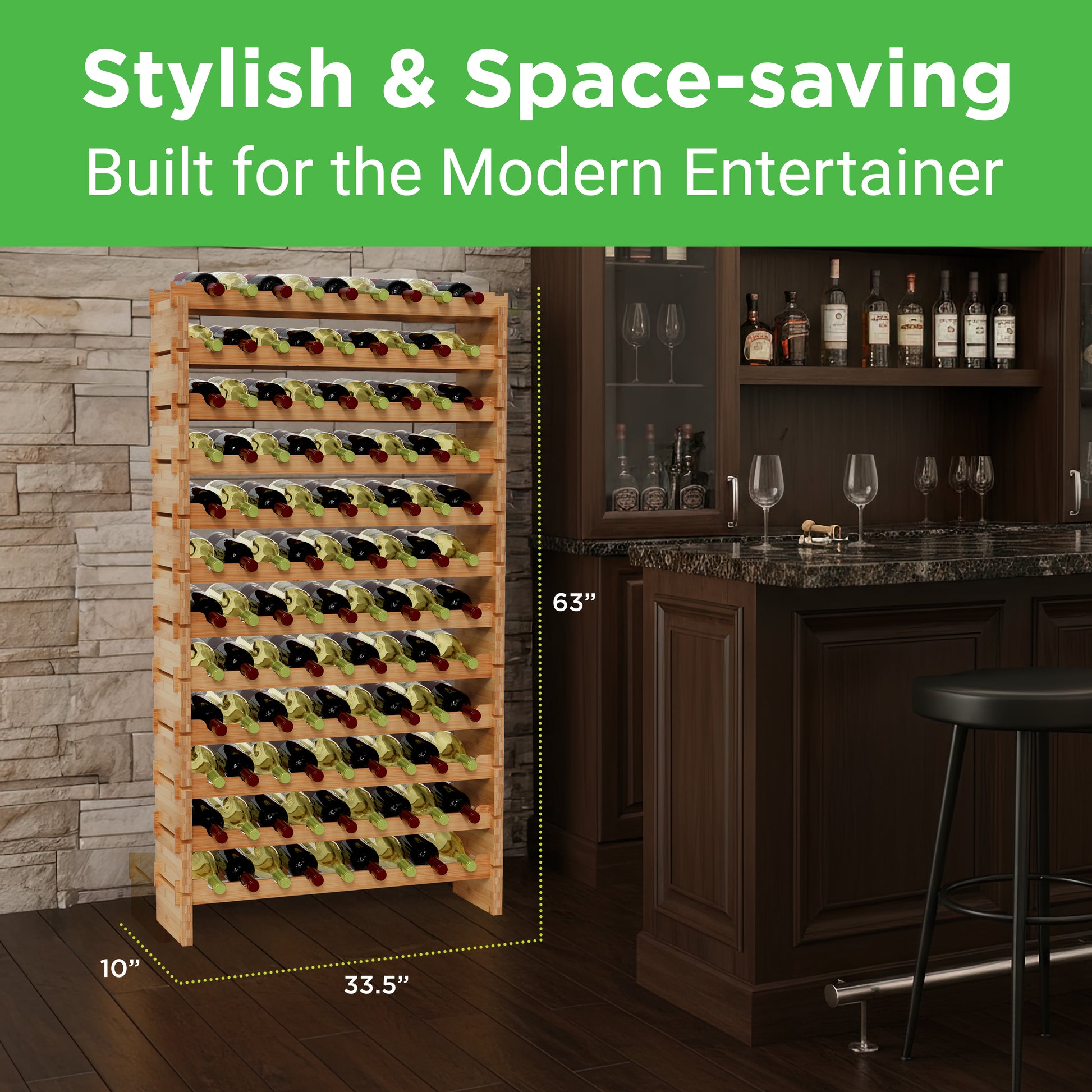 Wooden wine rack with wine bottles in a home bar setting, featuring text about style and space-saving.