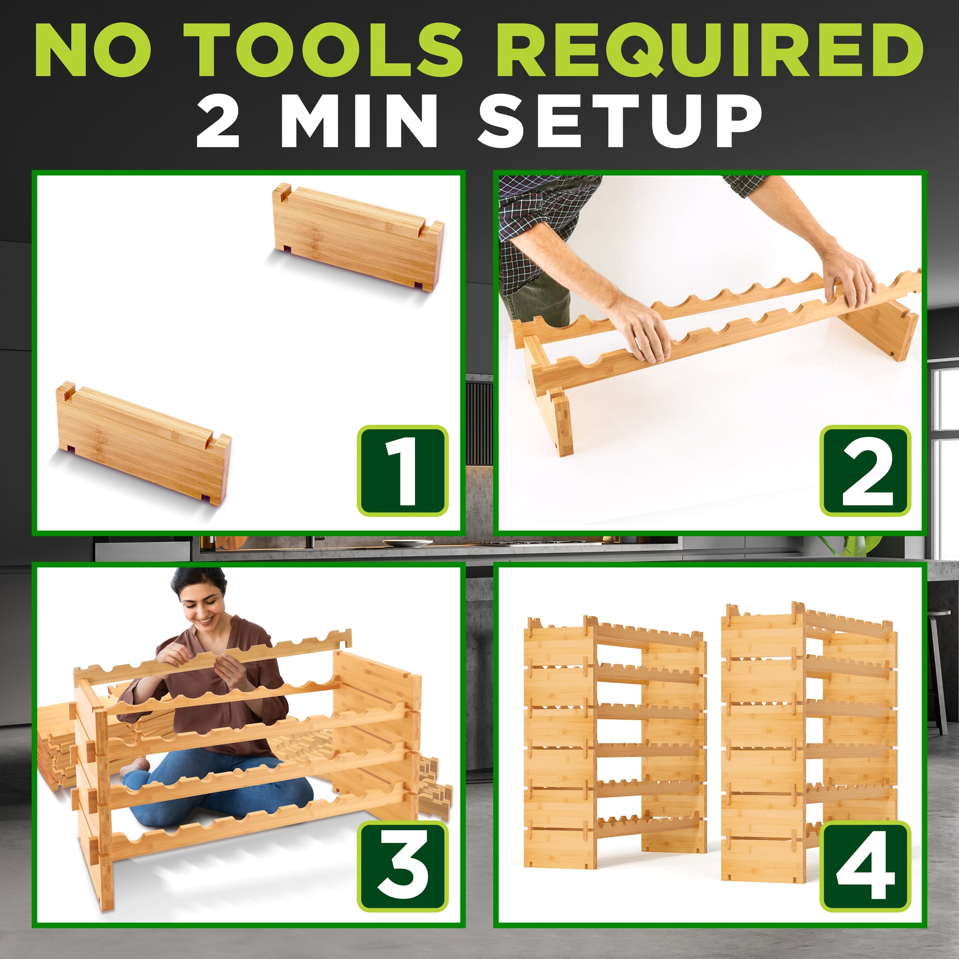 Wooden rack assembly process with text 'No tools required, 2 minute setup' on a green background.