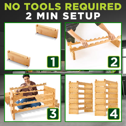 Wooden rack assembly process with text 'No tools required, 2 minute setup' on a green background.