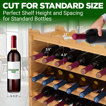 Wooden wine rack with labeled dimensions and a hand pouring wine, set against a blurred indoor background.