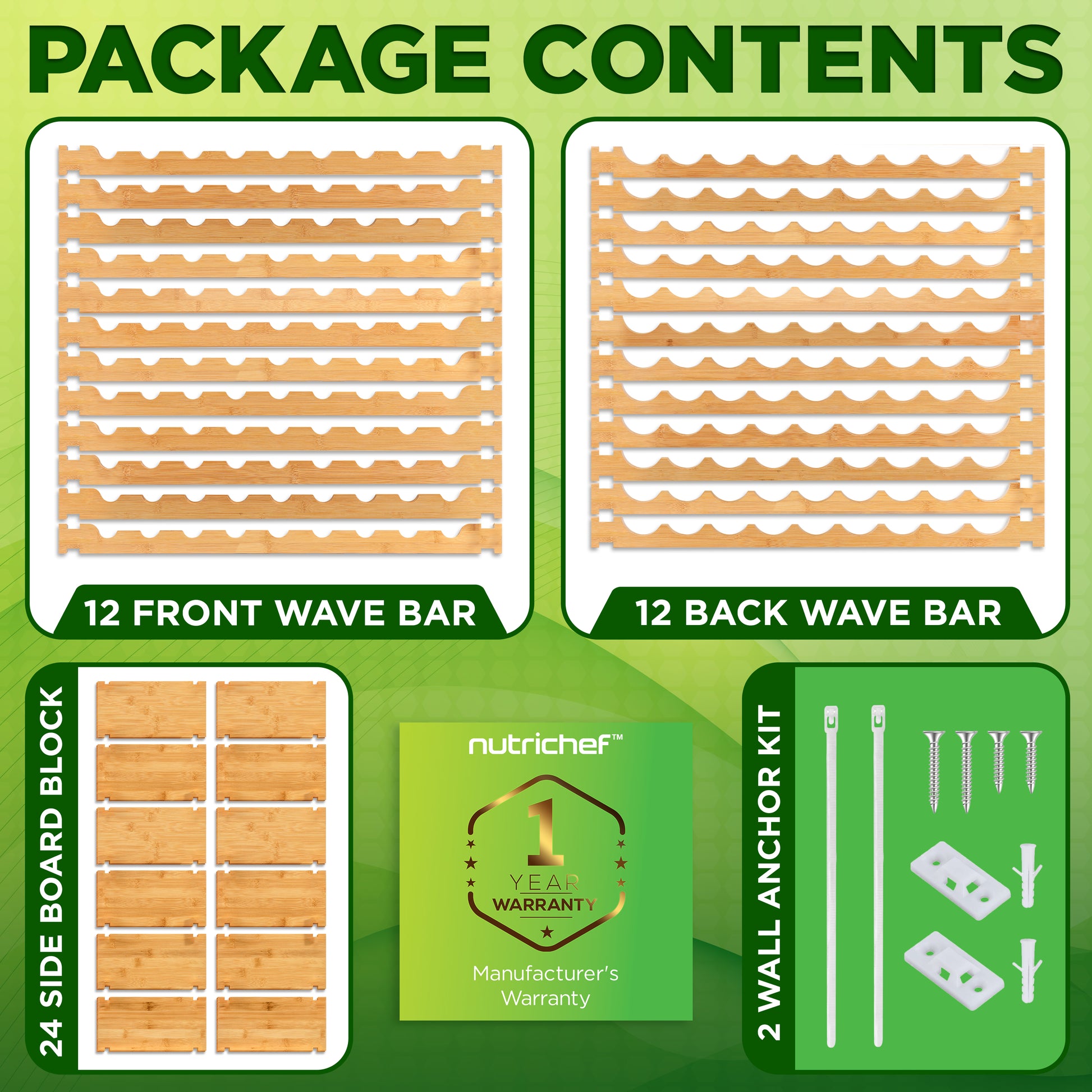 Package contents of Nutrichef wave bar system with warranty information on a green background.