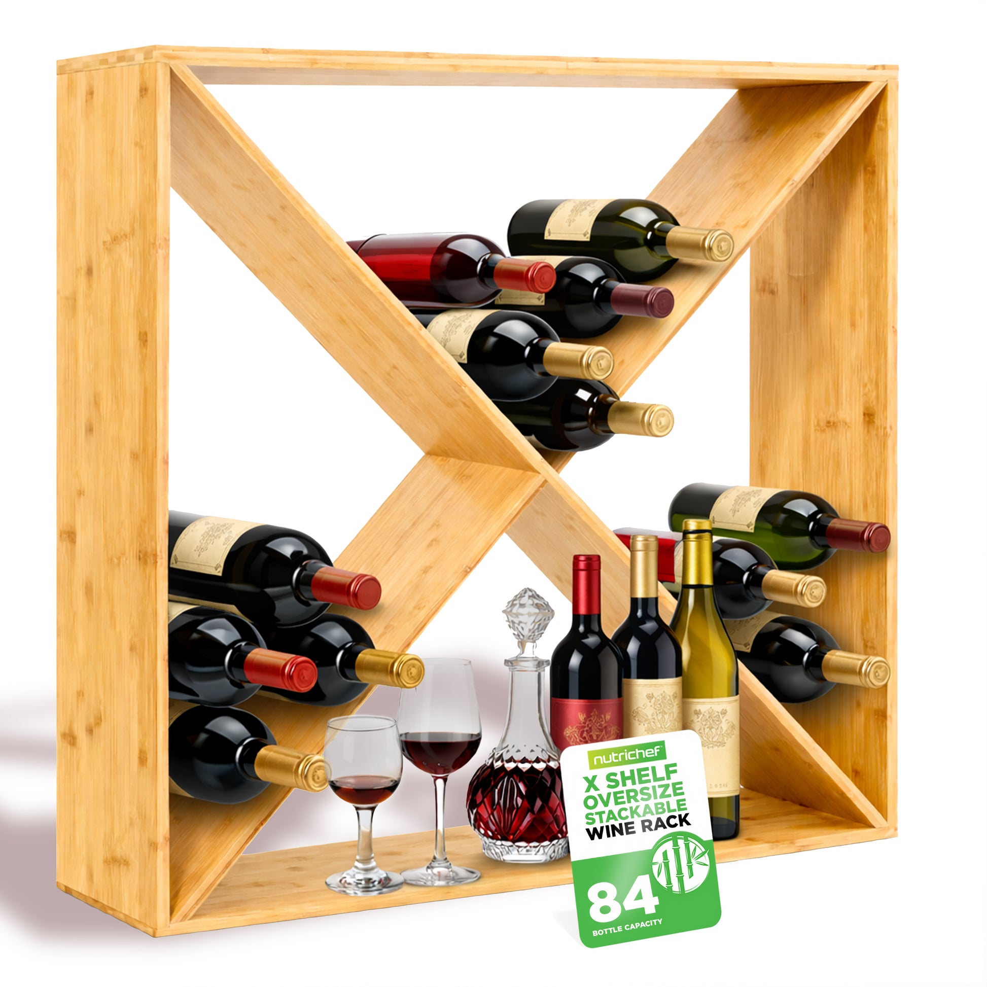 Wooden wine rack with bottles and glasses on a white background