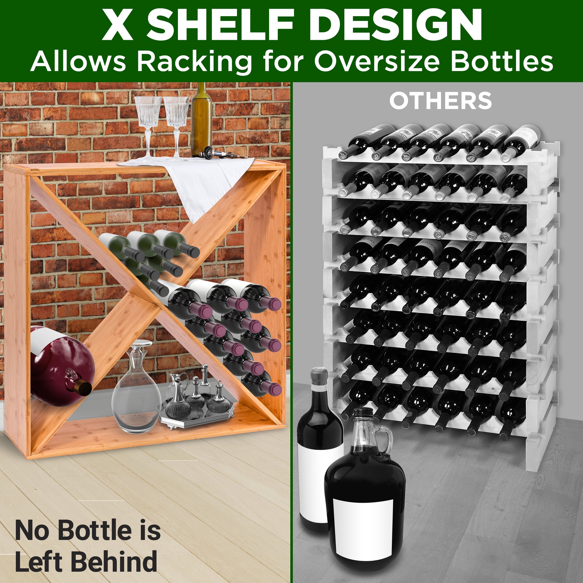 Wooden wine rack with X shelf design and bottles on a gray background