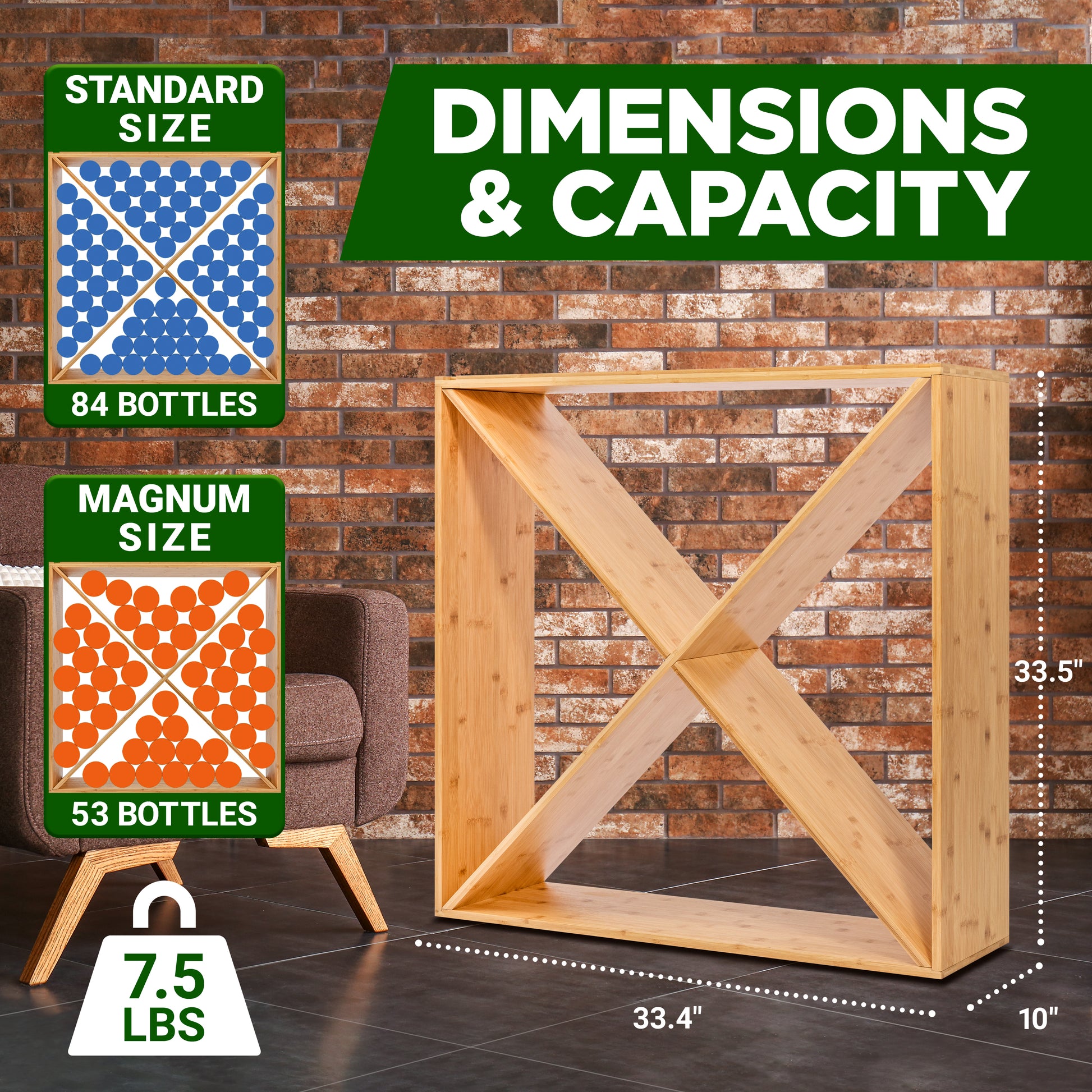 Wooden storage crate with dimensions and capacity information on a brick wall background