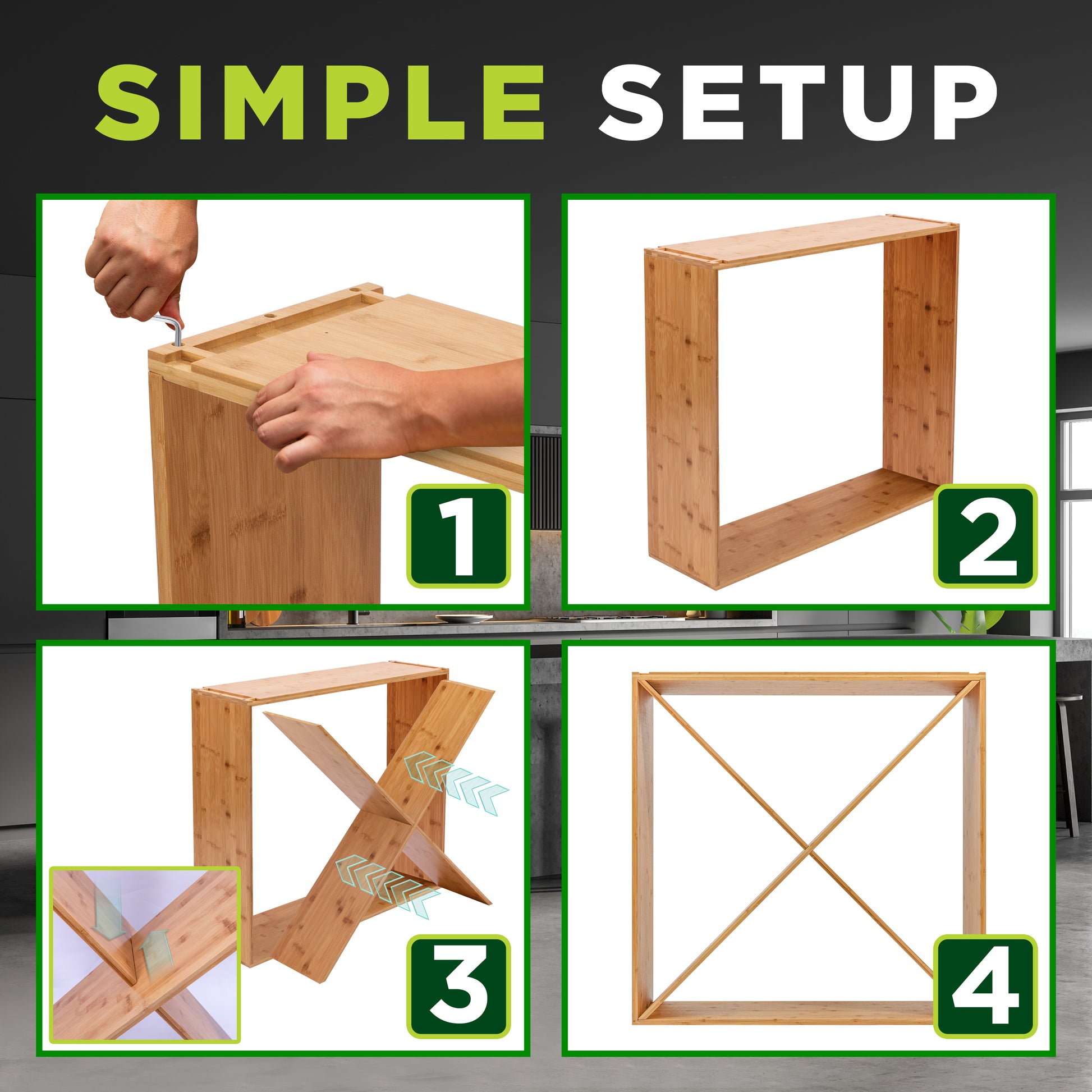 Step-by-step assembly of a wooden frame with numbered instructions.