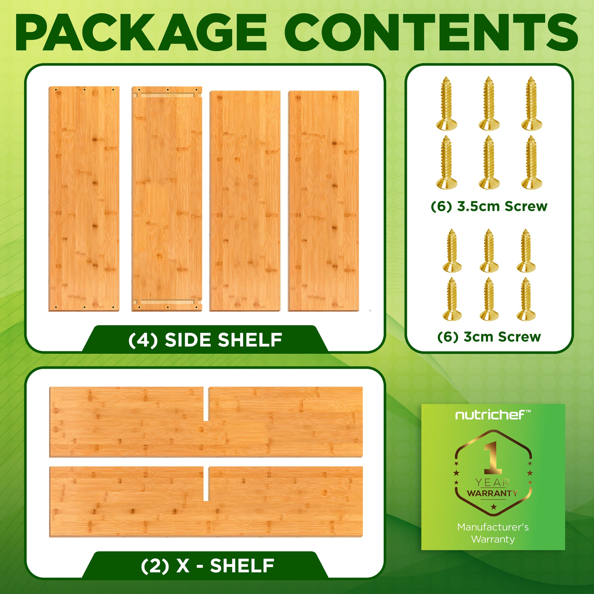 Package contents list with side shelves, X-shelf, and screws on a green background