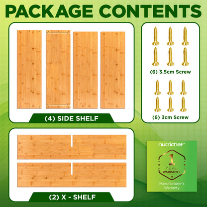Package contents list with side shelves, X-shelf, and screws on a green background